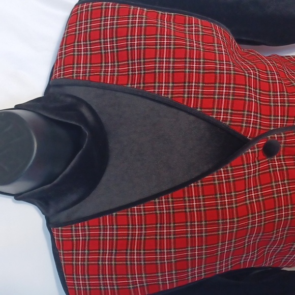 Vintage J.B.S Plaid Dress, Red Plaid w black velvet top, faux vest - Picture 2 of 10